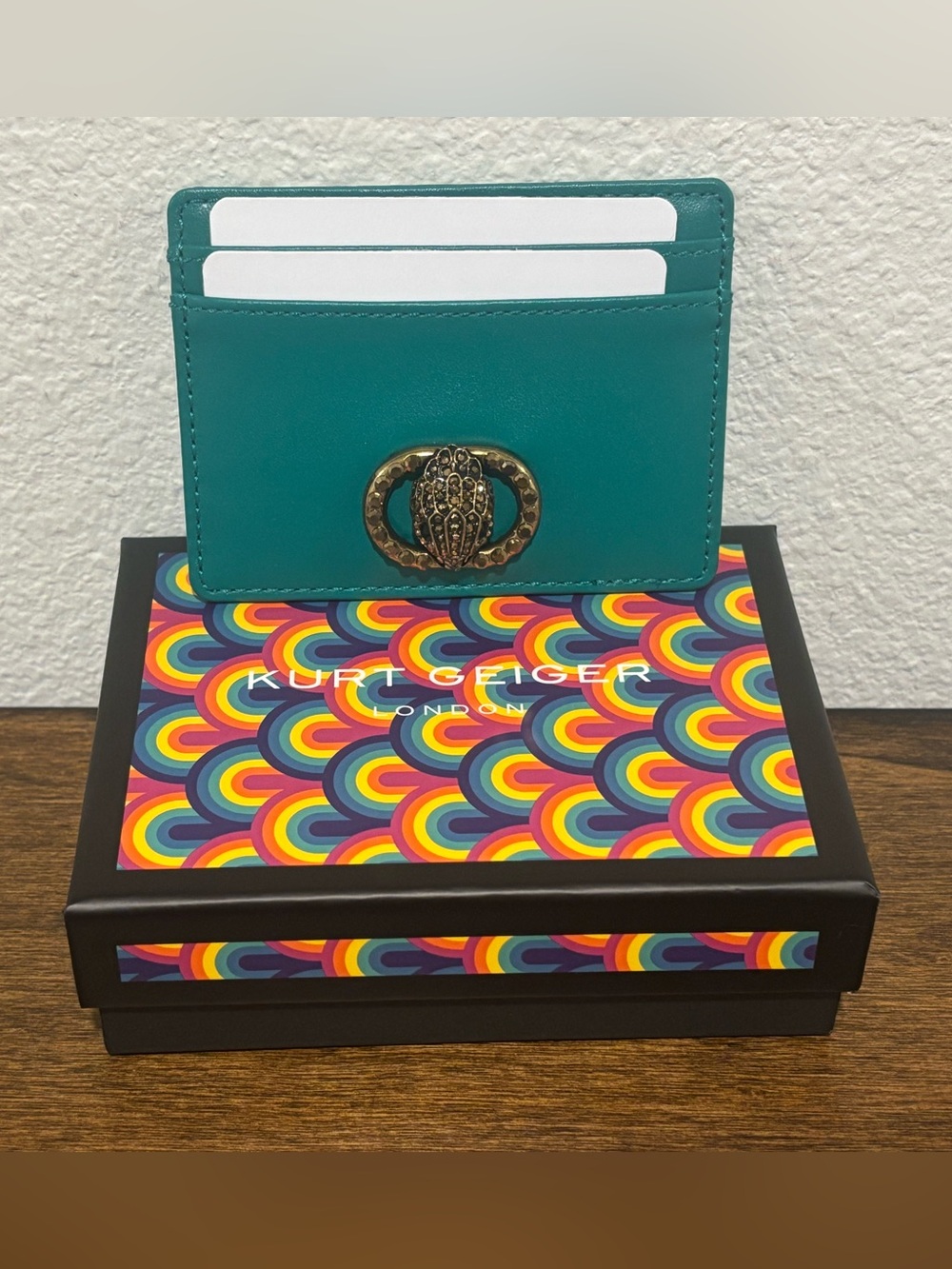 Kurt Geiger Teal Leather Card Holder with Gold-Tone Emblem